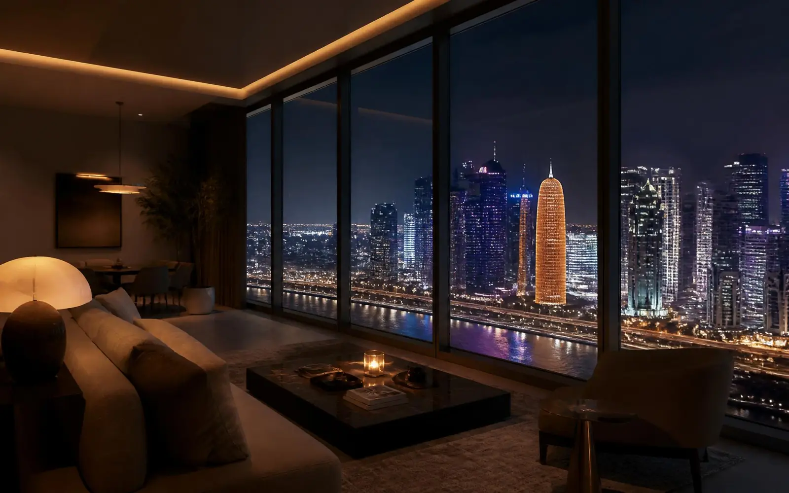 Luxury Doha skyline seen from a private residence at night