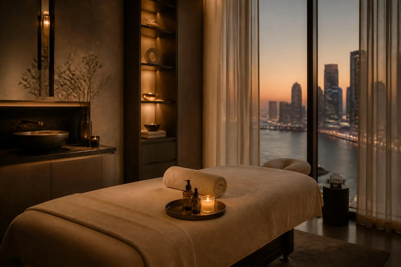 Private luxury spa setup with massage table in a Doha apartment at dusk