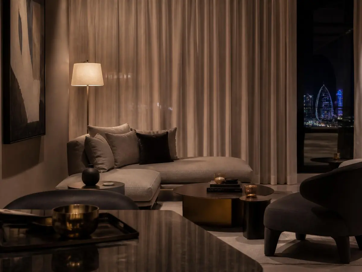 Warm luxury Doha residence interior at night — quiet, private, discreet