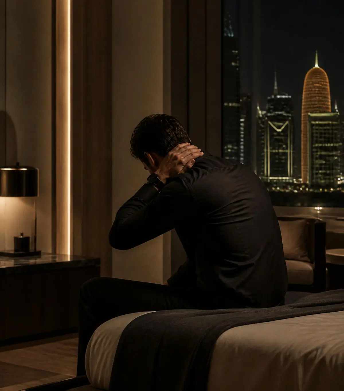 Executive in a luxury Doha apartment carrying the weight of long working hours