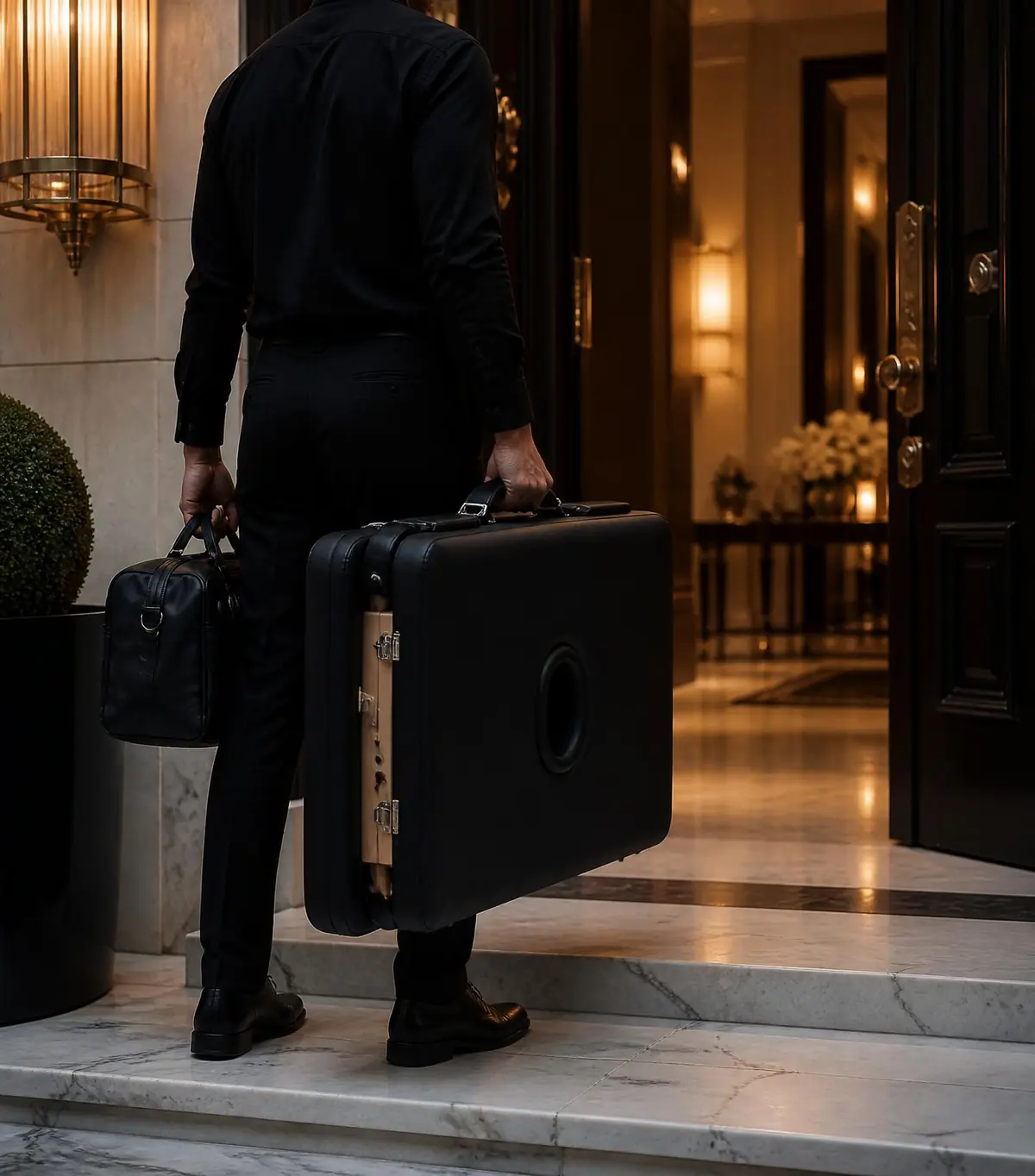 MOON therapist arriving at a luxury Doha residence with professional equipment